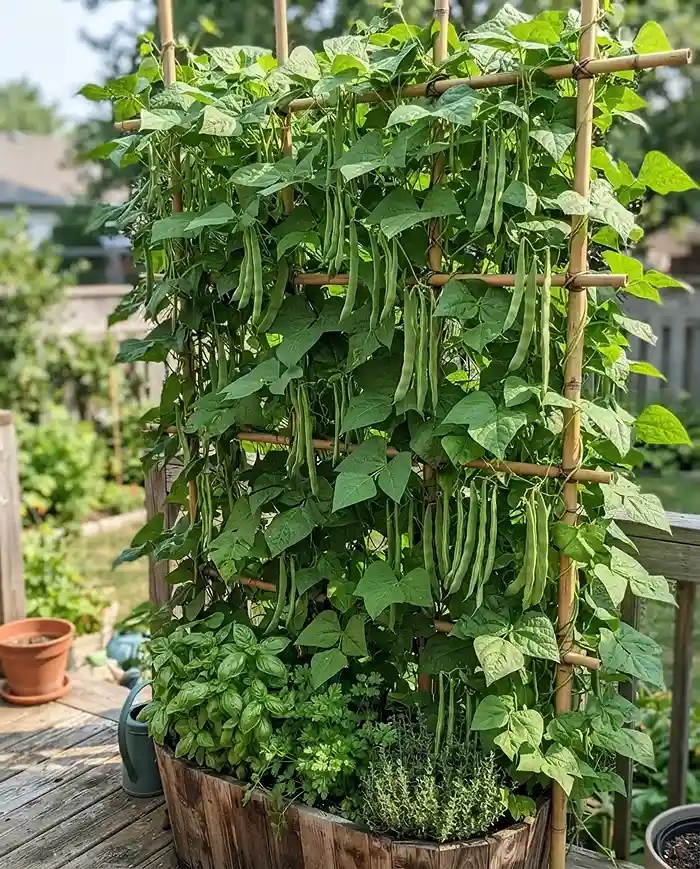Pole beans climbing a tall trellis to form a dual-purpose edible privacy screen with a harvest.