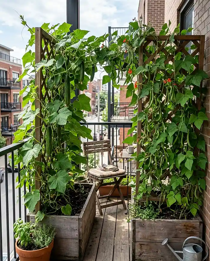 Privacy screen layout with climbing cucumbers and beans on bamboo trellises along a balcony edge