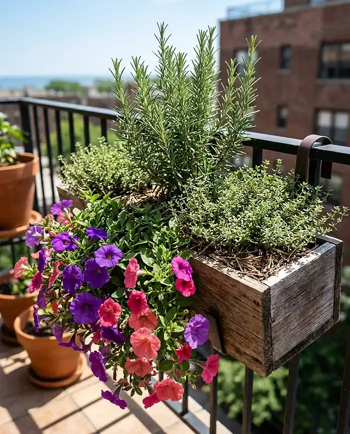 Railing Planter Ideas for Herbs and Flowers 4 Railing planter ideas for herbs and flowers pairing rosemary, thyme, and trailing petunias
