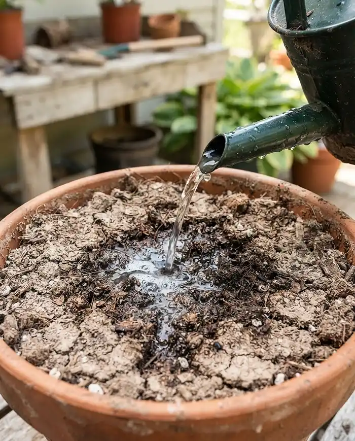 How to Revive Heat Stressed Container Plants 4 Rehydrating water-repellent potting mix using a few drops of dish soap so water soaks in evenly.