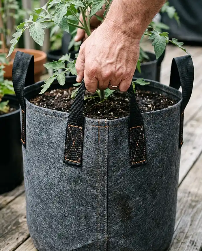 Best Grow Bags for Vegetables in Small Spaces 3 Reinforced double-stitched continuous-loop handle on a heavy-duty fabric grow bag