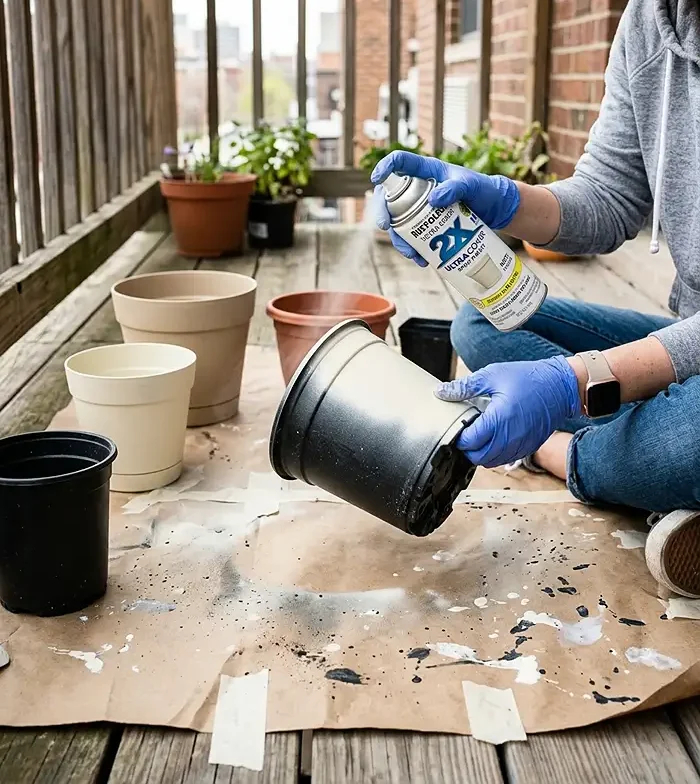 Repainting mismatched plastic planters with matte cream spray paint to unify a palette