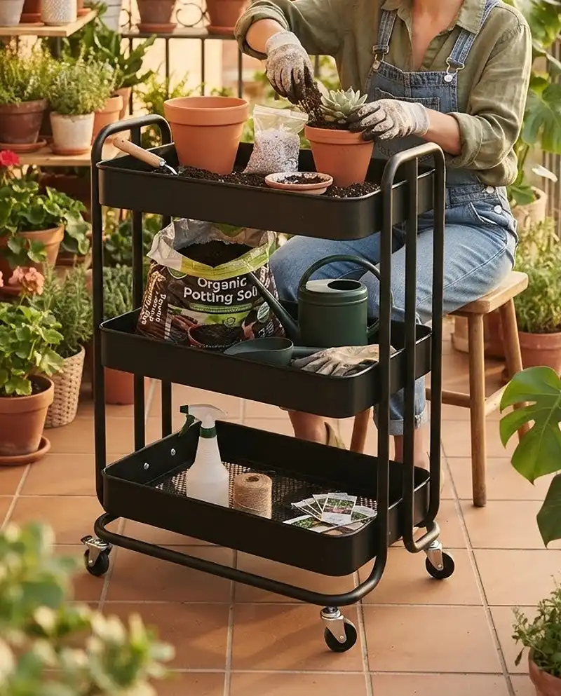Small Balcony garden Storage Ideas 4 Rolling utility cart used as a potting station and storage on a small balcony