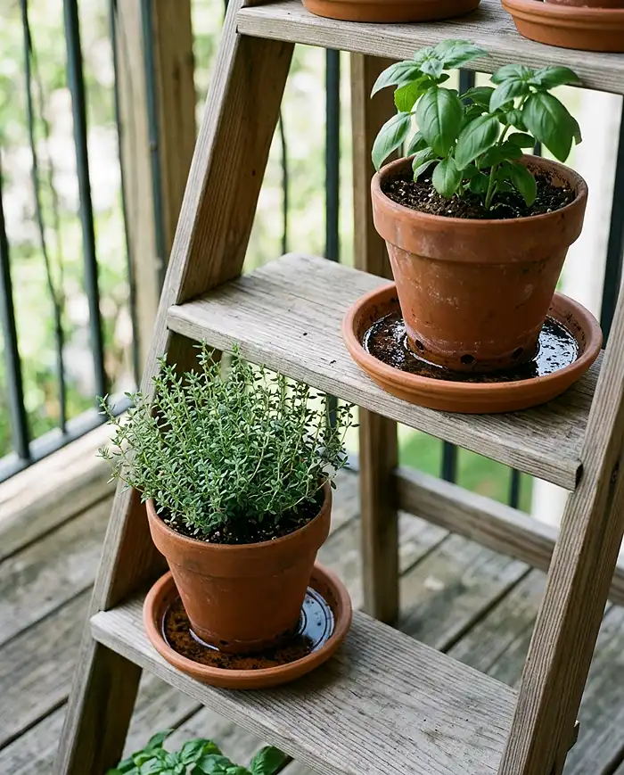 Saucers and staggered pots preventing water from dripping between herb ladder tiers