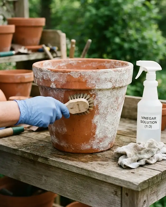 Scrubbing white efflorescence mineral crust off a terracotta pot with a vinegar solution.
