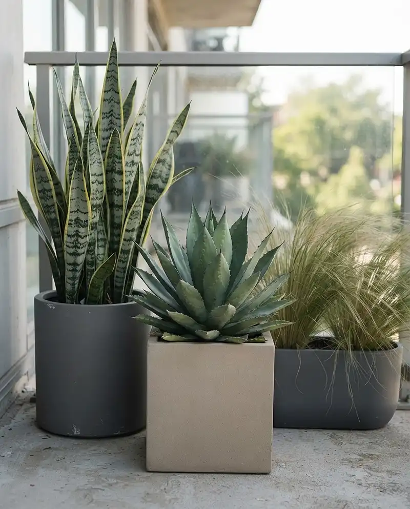 minimalist balcony garden ideas. Sculptural snake plant, agave, and feather grass as low-shed minimalist foliage