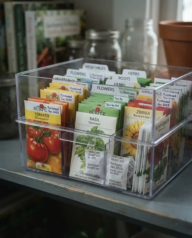 Small Balcony garden Storage Ideas 5 Seed packets organized in a clear photo storage box with silica packets and date labels