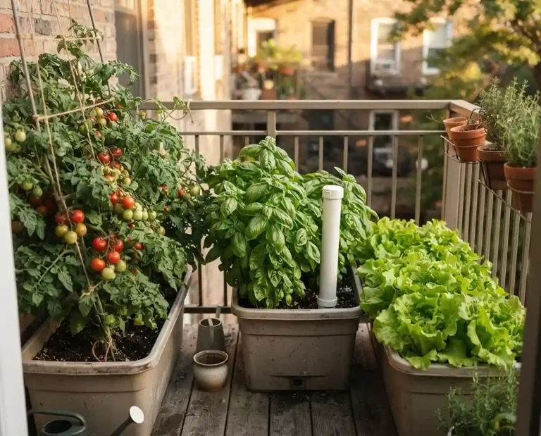 Self-watering planters growing tomatoes and herbs on a small balcony
