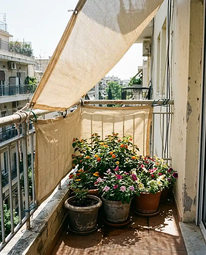 Best Heat Tolerant Flowers for Balcony Pots 4 Shade cloth and grouped pots creating a cooler microclimate on a hot balcony