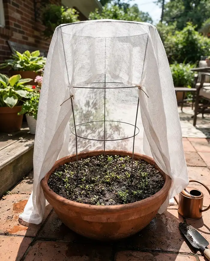 Shade cloth over a tomato cage frame protecting freshly sown July seedlings from harsh afternoon sun