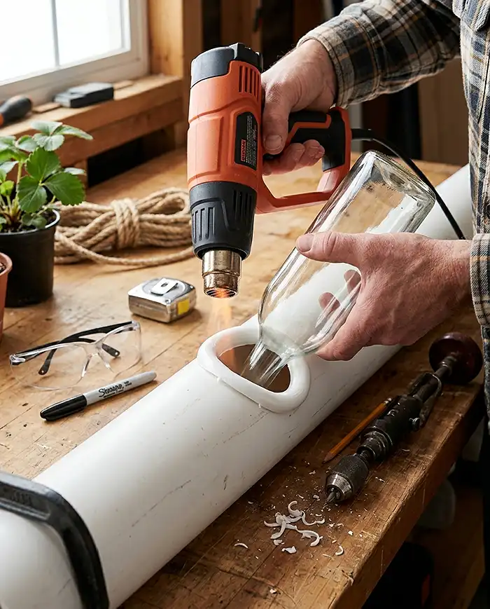 DIY Vertical Strawberry Planter for Small Spaces 2 Shaping a planting pocket lip in PVC pipe with a heat gun and glass bottle