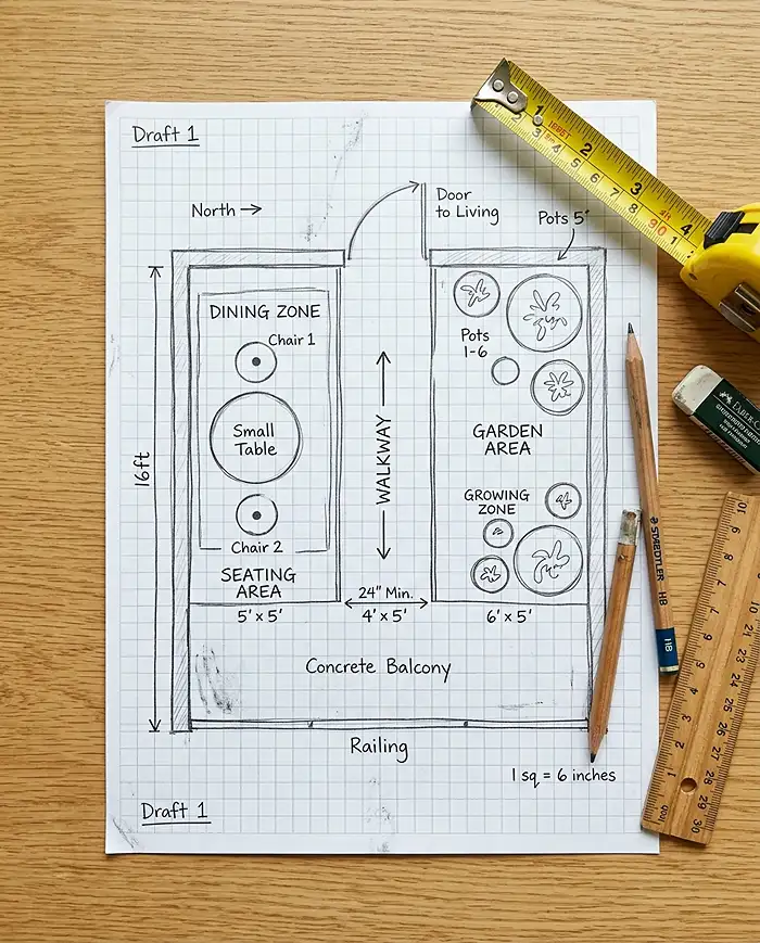 Edible Balcony Garden Ideas for a Cozy Dining Corner 2 Sketching a tiny balcony layout with separate dining and growing zones