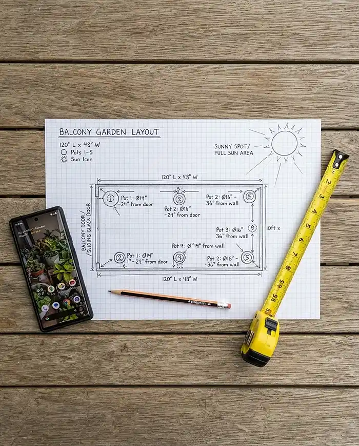 small space garden layout with containers Using Just 5 Pots 2 Sketching and measuring a small balcony to map out a five-container layout