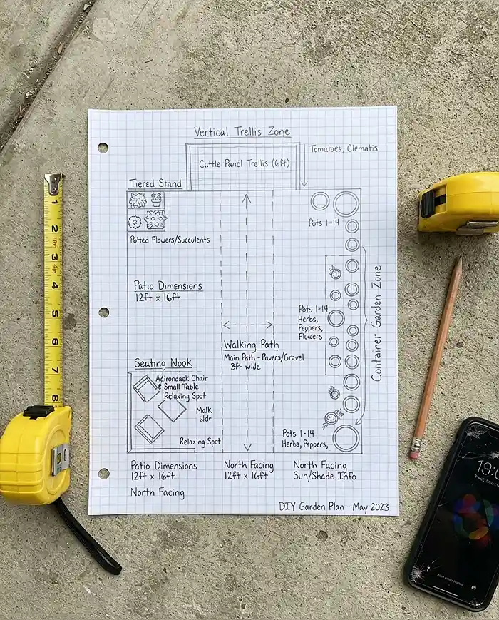 Space Saving Garden Ideas for Tiny Patios 2 Sketching patio zones and walking paths on graph paper before setting up containers