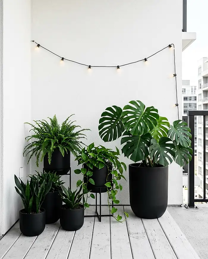 Small balcony decor ideas using black and white planters with green plants as the only color