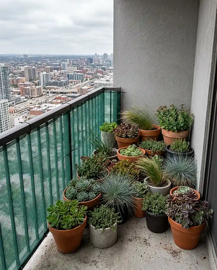 Small balcony garden ideas for wind protection, with pots clustered against the wall and windbreak netting on the railing