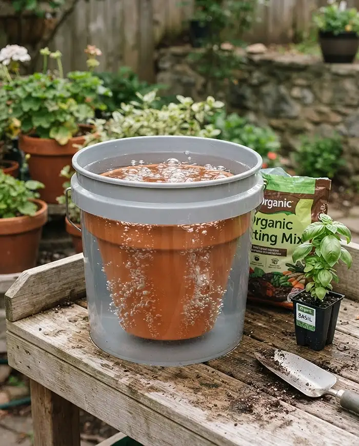 Soaking a new terracotta pot in a bucket of water before planting to keep the clay from drying the soil.
