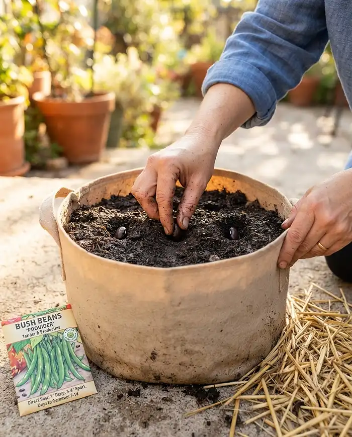 Sowing bush beans, one of the best vegetables to plant in July in pots, into a warm-soil grow bag.