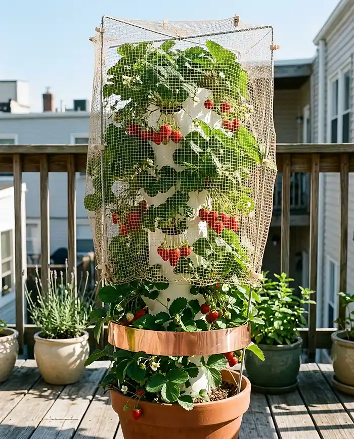 DIY Vertical Strawberry Planter for Small Spaces 5 Strawberry tower protected with bird netting and copper slug tape