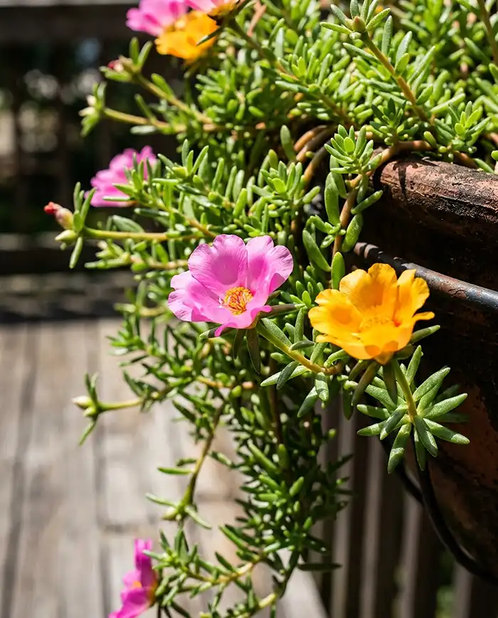 Best Heat Tolerant Flowers for Balcony Pots 3 Succulent portulaca with fleshy leaves trailing from a balcony railing planter