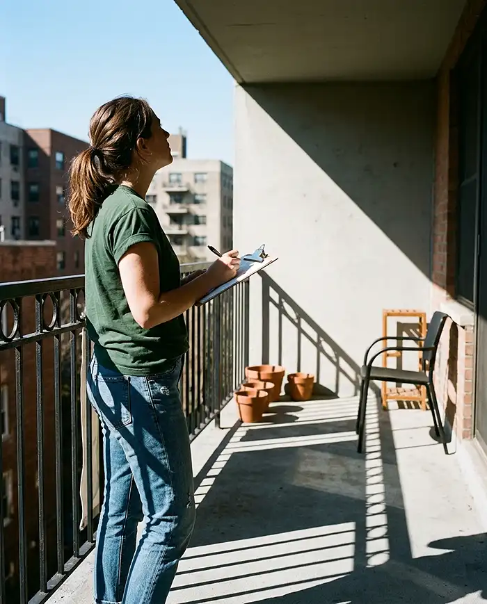 Sun mapping a balcony by noting where light and shade fall through the day. balcony garden layouts