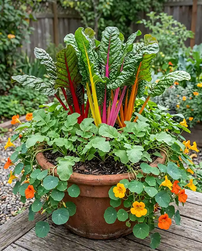 Layered Container Gardening 4 Swiss chard, radishes, and trailing nasturtiums layered together in a cool-season container