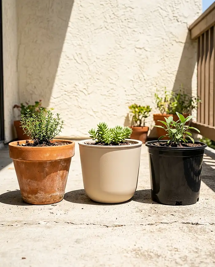 Terracotta and light-colored insulated pots compared with black plastic for heat-loving plants