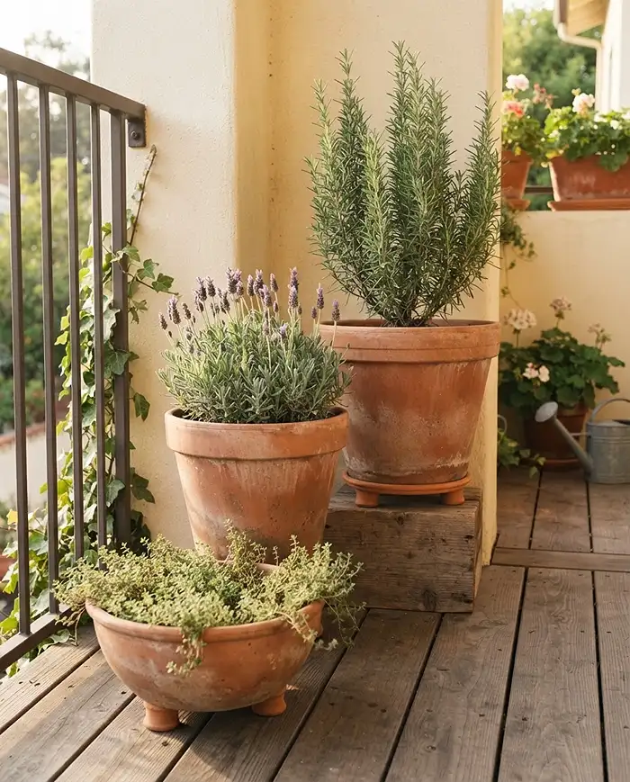Terracotta balcony garden ideas shown as an odd-numbered cluster of clay pots at varying heights.