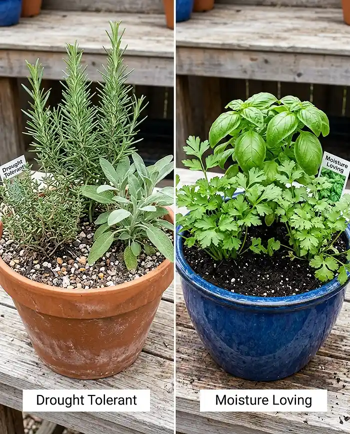 The best herbs to grow together in pots, sorted into drought-tolerant Mediterranean and moisture-loving leafy groups