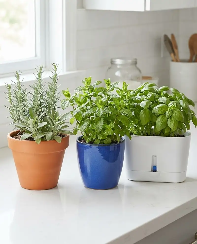 Best Pots for Kitchen Herbs: Top Picks 3 The best pots for kitchen herbs shown as terracotta for rosemary, glazed ceramic for mint, and a self-watering trough for basil.