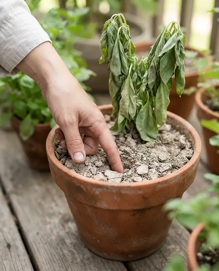 How to Revive Heat Stressed Container Plants 2 The finger test to revive heat-stressed container plants by checking soil moisture before watering.