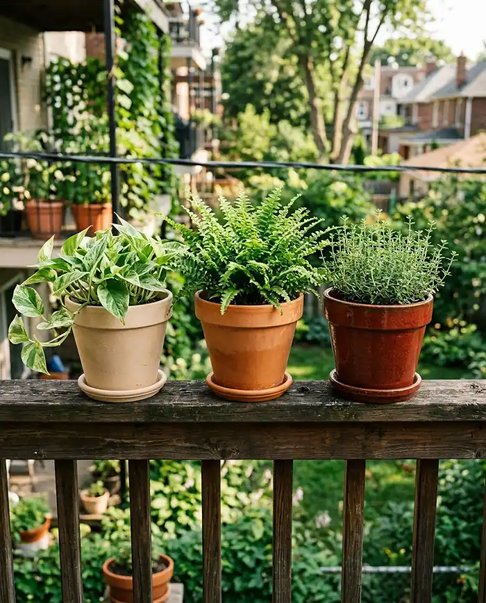 Three shades of terracotta planters creating a tonal, monochromatic balcony palette