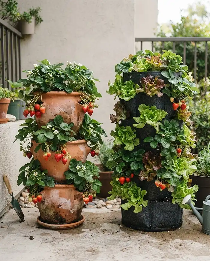 Space Saving Garden Ideas for Tiny Patios 4 Tiered and stackable planters growing multiple plants in a single small footprint