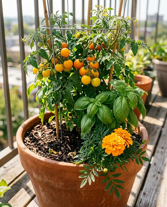 Tomato, basil, and marigold growing together in one patio container as companion plants