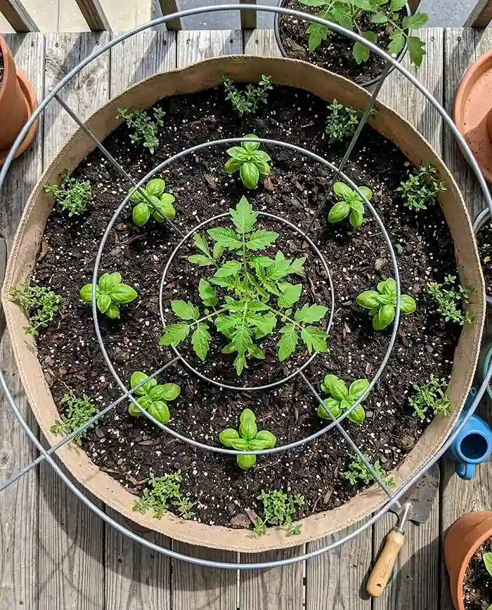 Layered Container Gardening 3 Top-down view of a layered pot with a central tomato, ringed basil fillers, and thyme spillers at the rim