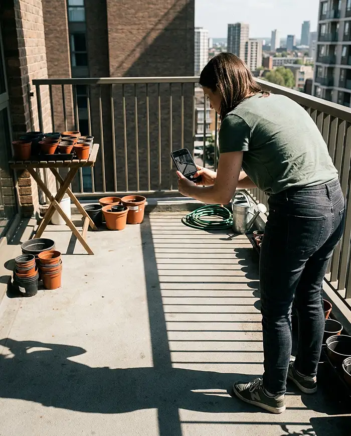 Tracking direct sunlight hours across a balcony floor before choosing plants