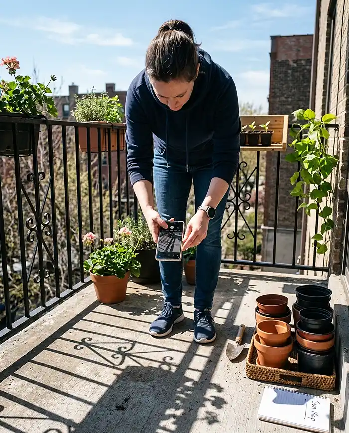 Tracking sunlight and shadow hours across a small patio before planting