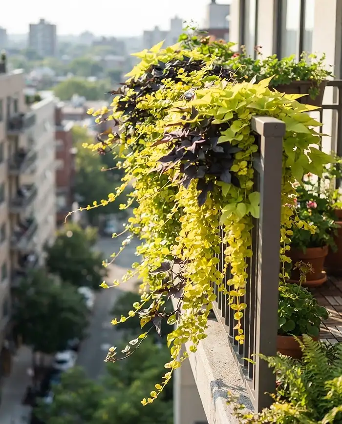 Small Balcony Garden Design That Feels Bigger 5 Trailing creeping Jenny and sweet potato vine spilling over