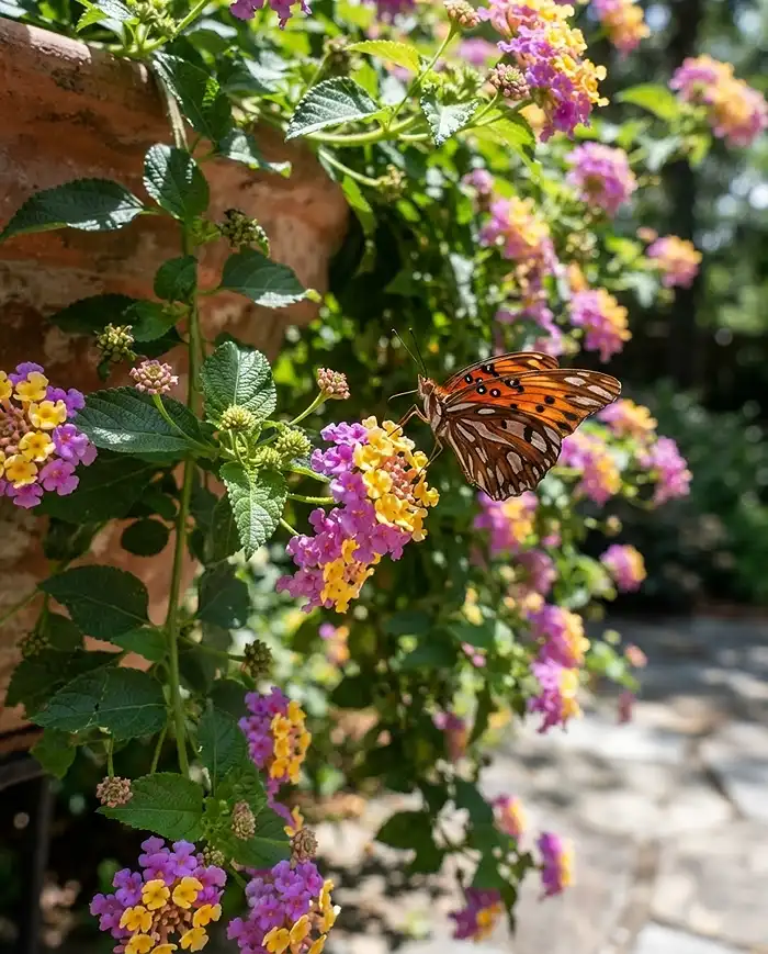 Heat Tolerant Trailing Flowers for Container Edges 3 Trailing lantana with purple and yellow blooms attracting a butterfly over a container edge