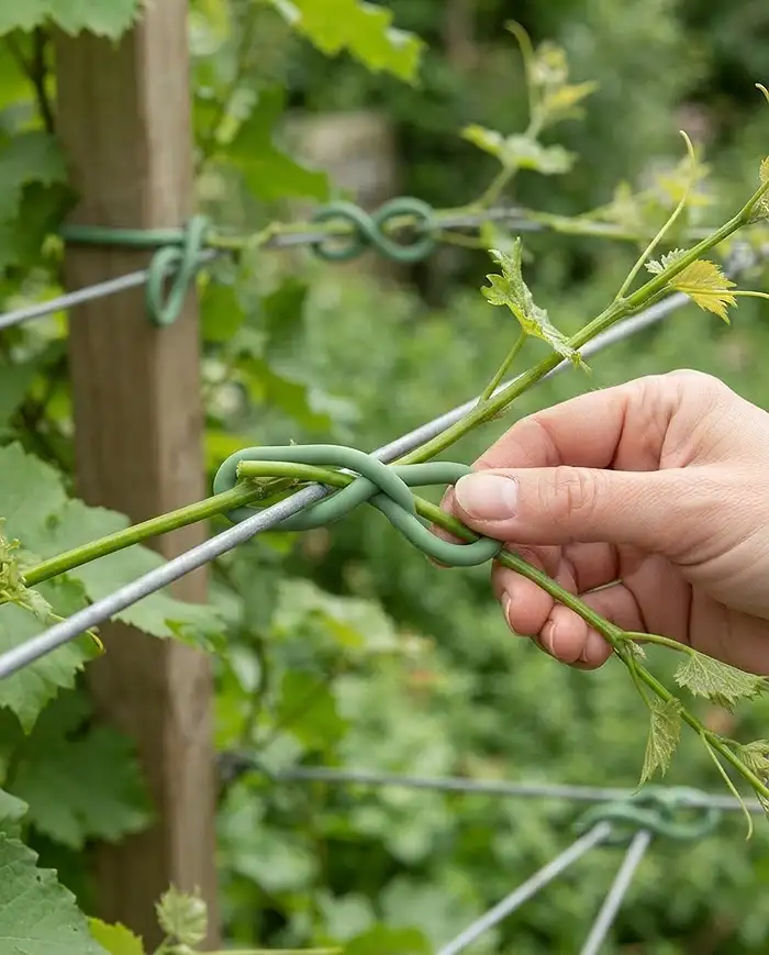 Training a young vine horizontally with a soft figure-eight tie to build dense screen coverage