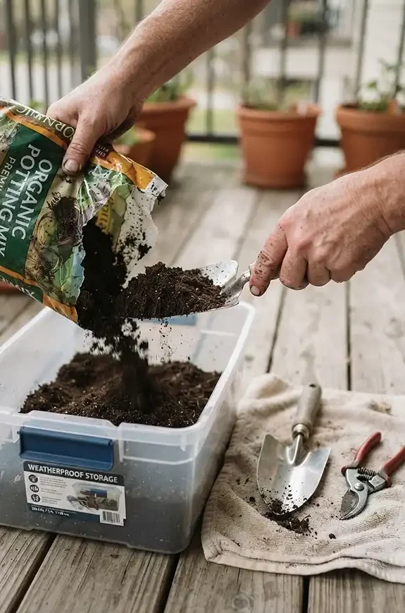 Balcony Storage Ideas for Garden Supplies 5 Transferring soil into a sealed bin to keep garden supplies dry in outdoor storage