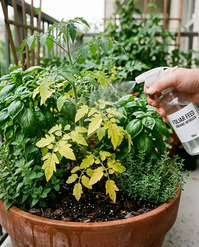 Layered Container Gardening 5 Treating nutrient-deficient yellowing leaves in a crowded layered container with a foliar feed