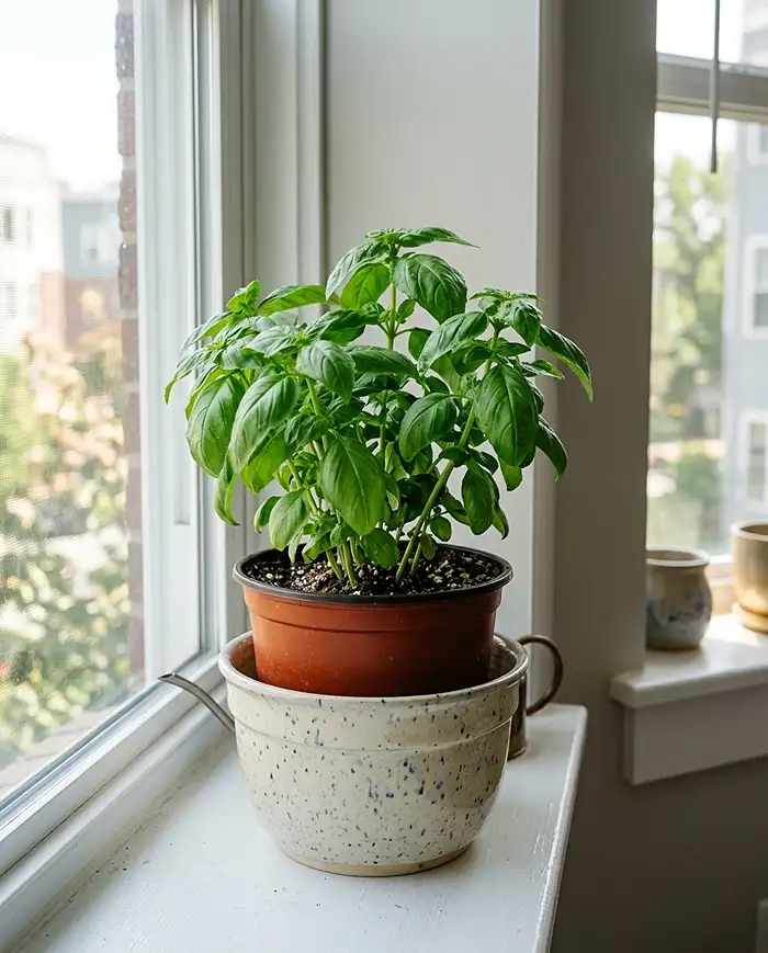 Apartment Gardening Mistakes for Beginners 5 Using a nursery pot as a liner inside a decorative pot to solve the drainage problem. apartment gardening mistakes for beginners