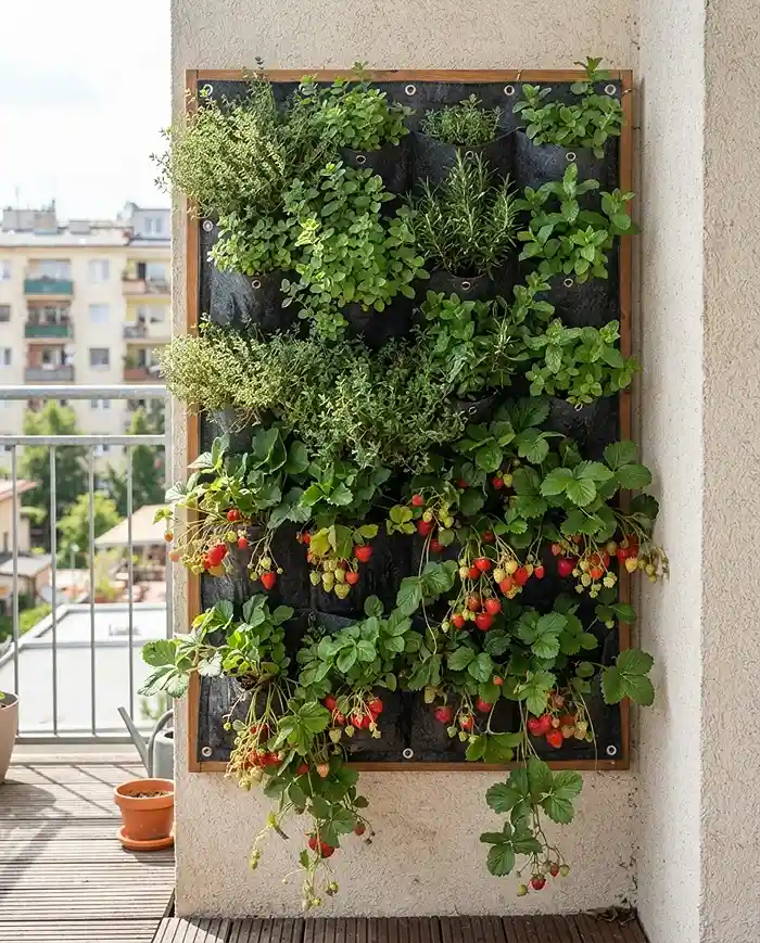 vertical garden ideas for small spaces 3 Vertical garden ideas for small spaces shown as a felt pocket herb wall packed with thyme, oregano, and strawberries.
