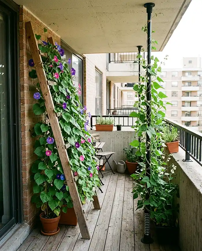 Vertical growing with a leaning ladder trellis and tension-rod pole on a rental balcony
