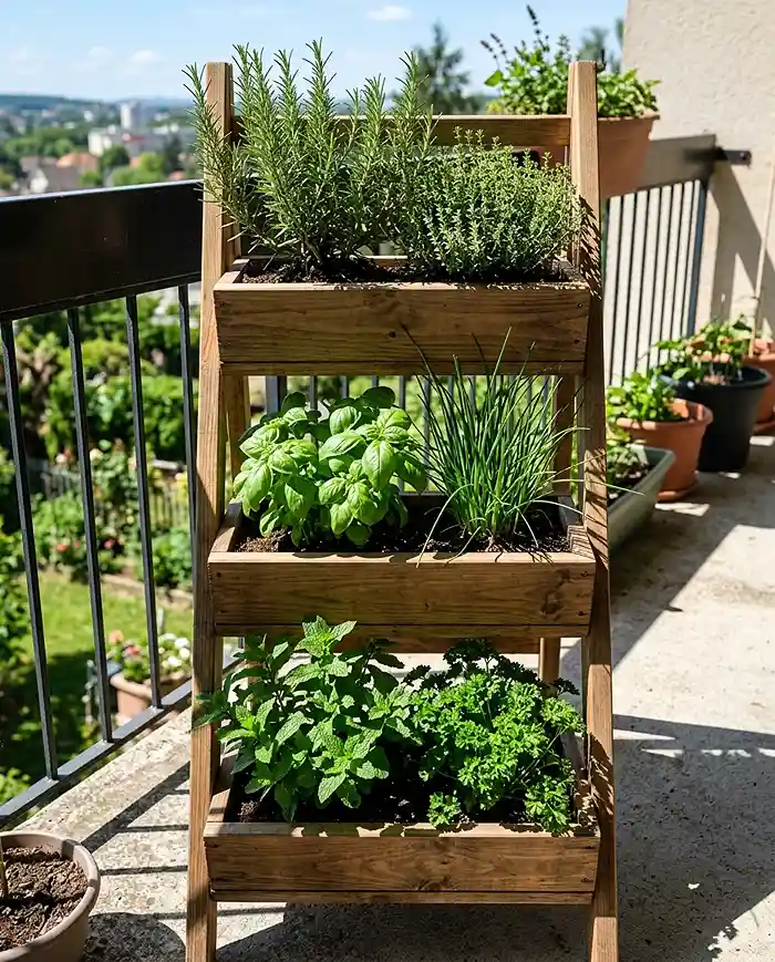 Vertical herb ladder for small balcony spaces with herbs matched to each tier's sunlight
