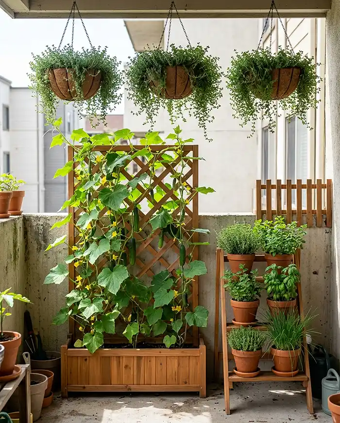 Vertical structures including a trellis, tiered stand, and hanging baskets multiplying growing space on a small patio