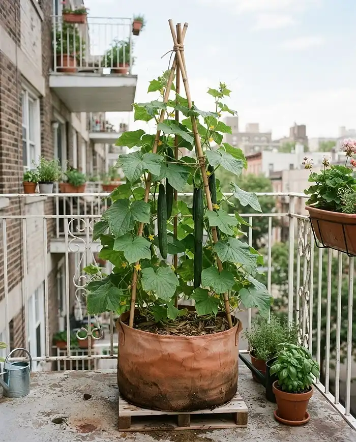 Best Pot Size for Tomatoes Peppers and Cucumbers 4 Vining cucumbers grown in a large container with a bamboo trellis for support