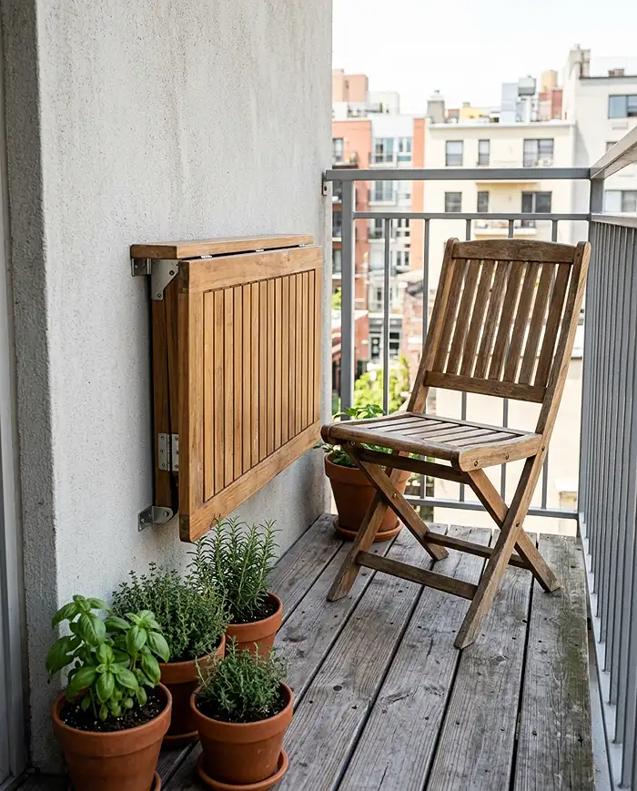 Edible Balcony Garden Ideas for a Cozy Dining Corner 3 Wall-mounted drop-leaf table and folding chair saving floor space on a narrow balcony