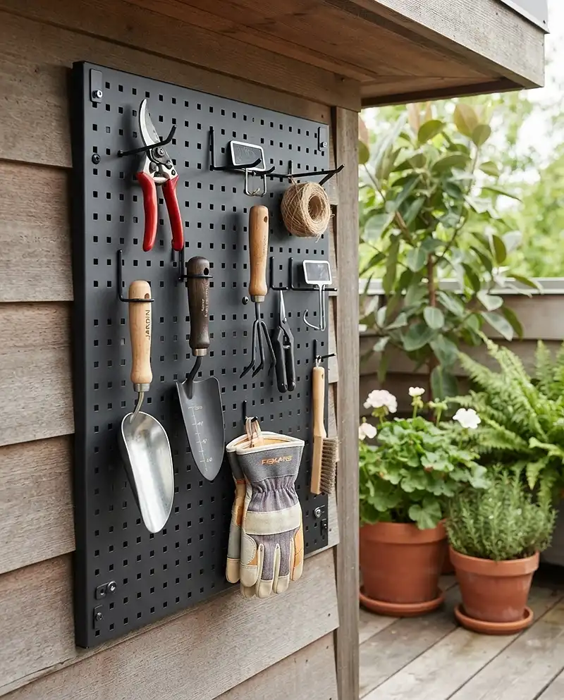 Small Balcony garden Storage Ideas 3 Wall-mounted pegboard holding hand trowel, pruners, and gloves on a balcony
